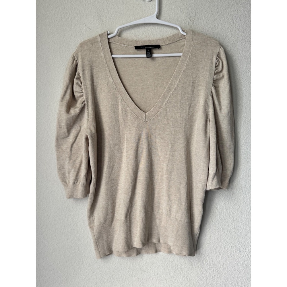 White House Black Market V-Neck Puff Sleeve Sweater Beige Size M 3/4 Sleeve